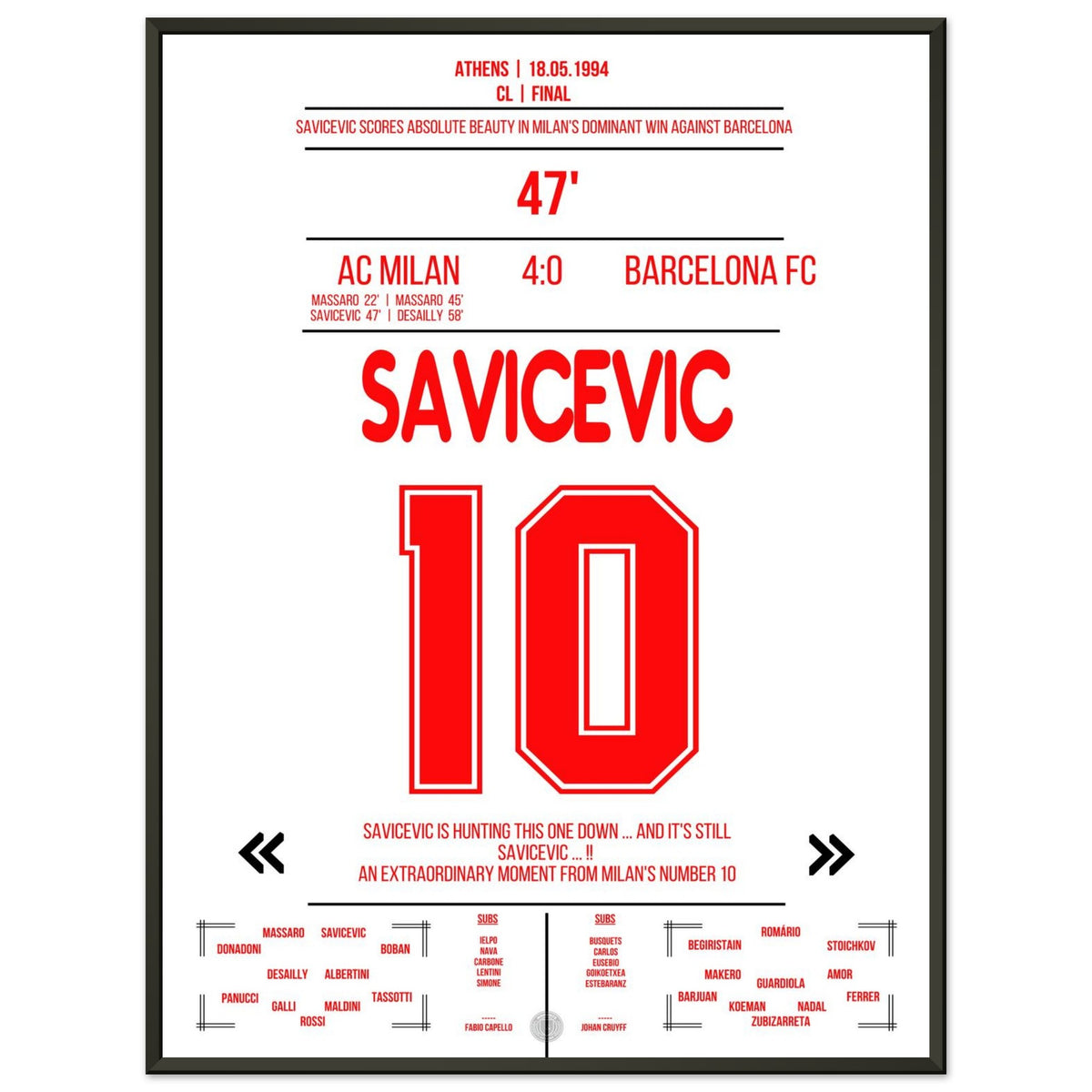 Savicevic's Chip Goal in Rout Against Barcelona in the 1994 Final