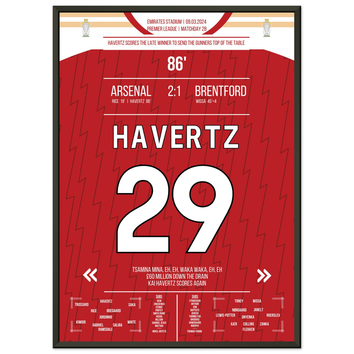 Havertz scores the Gunners a late winning goal to the top of the table.