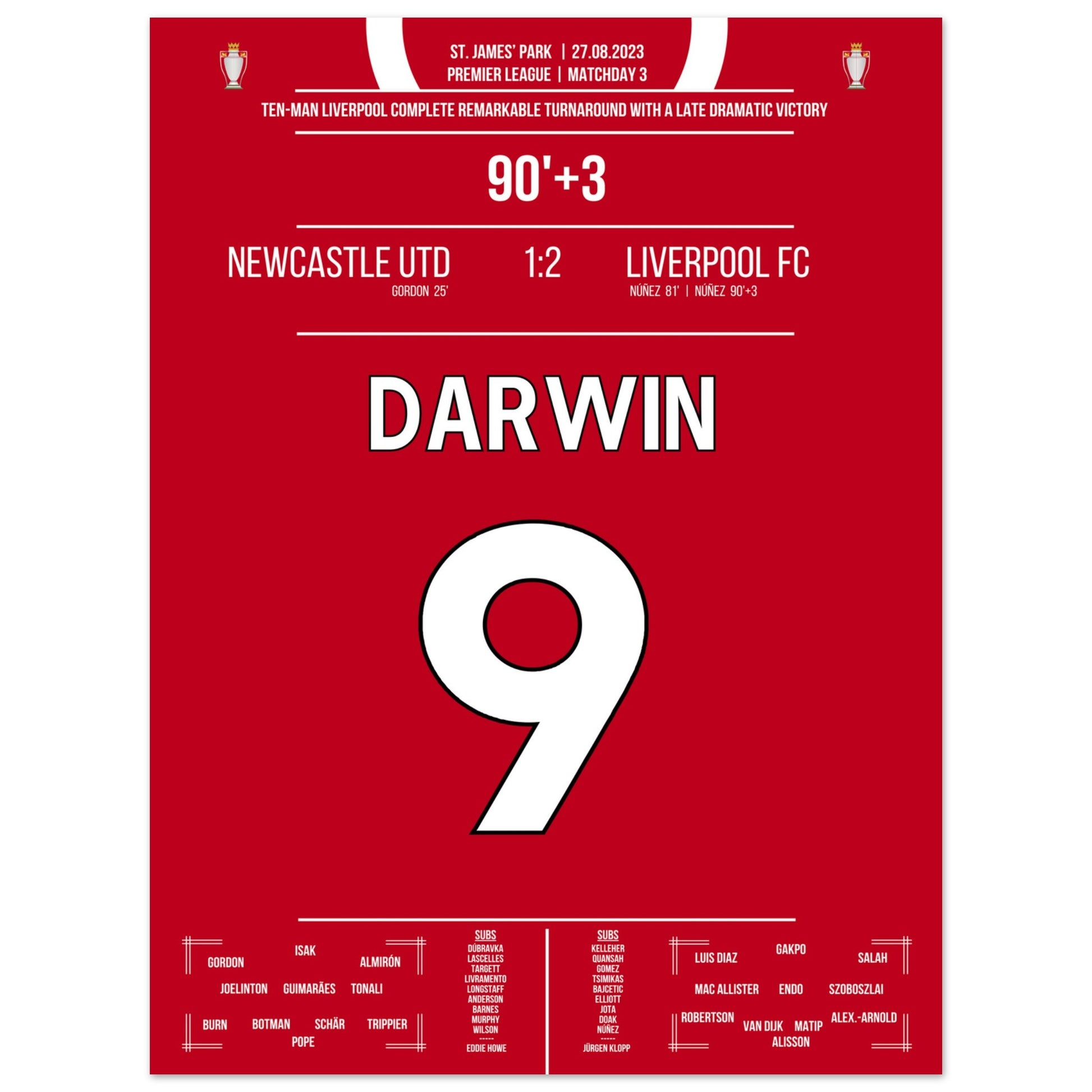 Darwin Nunez' später Doppelpack zum Sieg bei Newcastle 2023 30x40-cm-12x16-Ohne-Rahmen