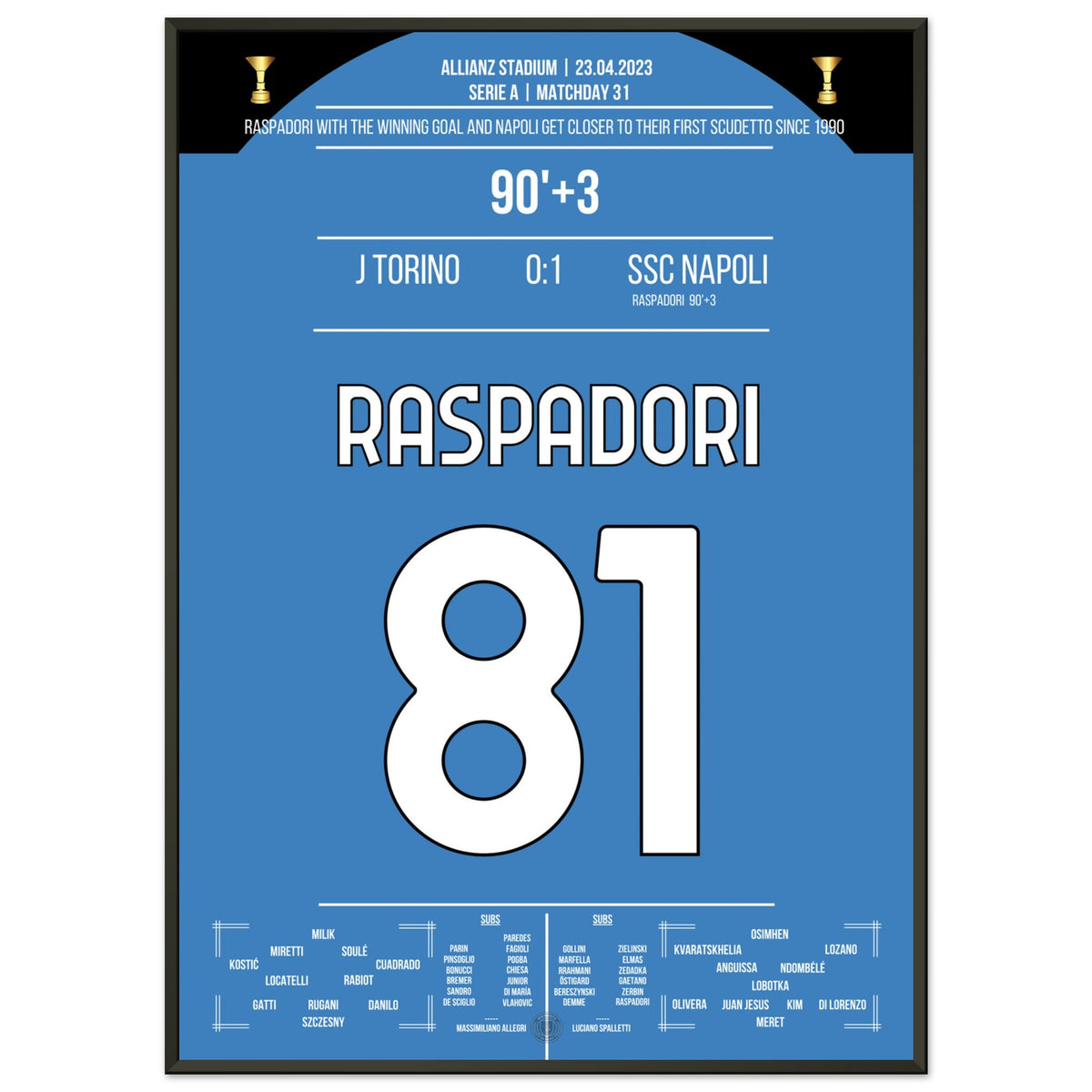 Raspadori's stoppage-time winner brings Napoli within reach of the Scudetto