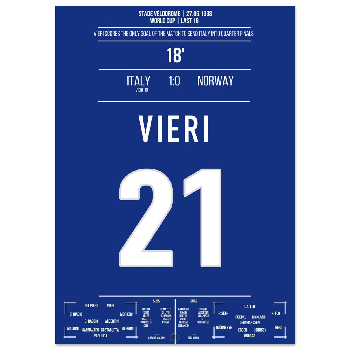 Vieri decides the World Cup Round of 16 against Norway 1998