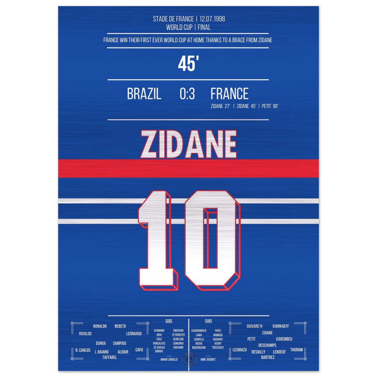 (Metal Print) Zidane header brace for France's first World Cup title in 1998 against Brazil