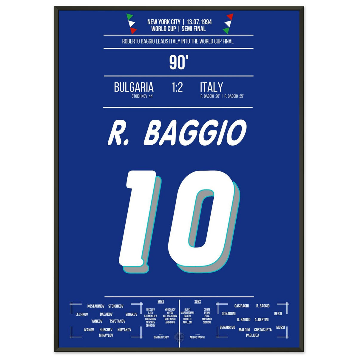 Roberto Baggio leads Italy to the World Cup Final in 1994 with a brace.