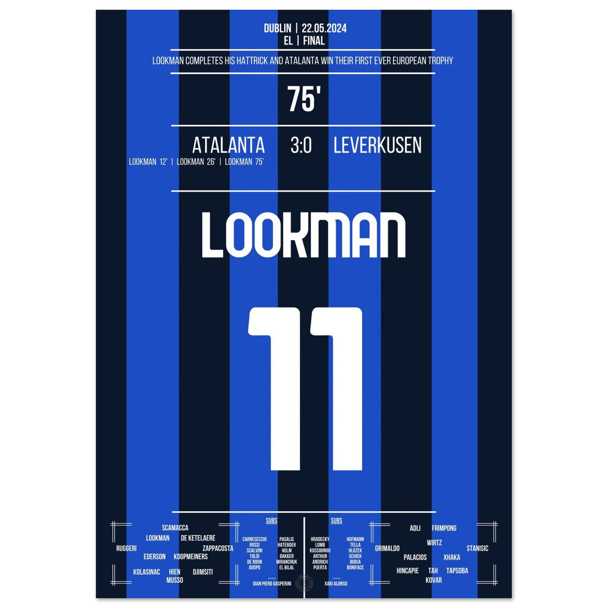 Lookman scores a hat-trick to lead Atalanta to the first European Cup triumph in the club's history.