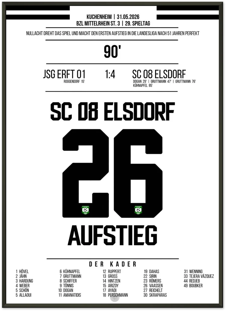 Gerahmtes Poster: SC 08 Elsdorf, Aufstieg in die Landesliga 2026