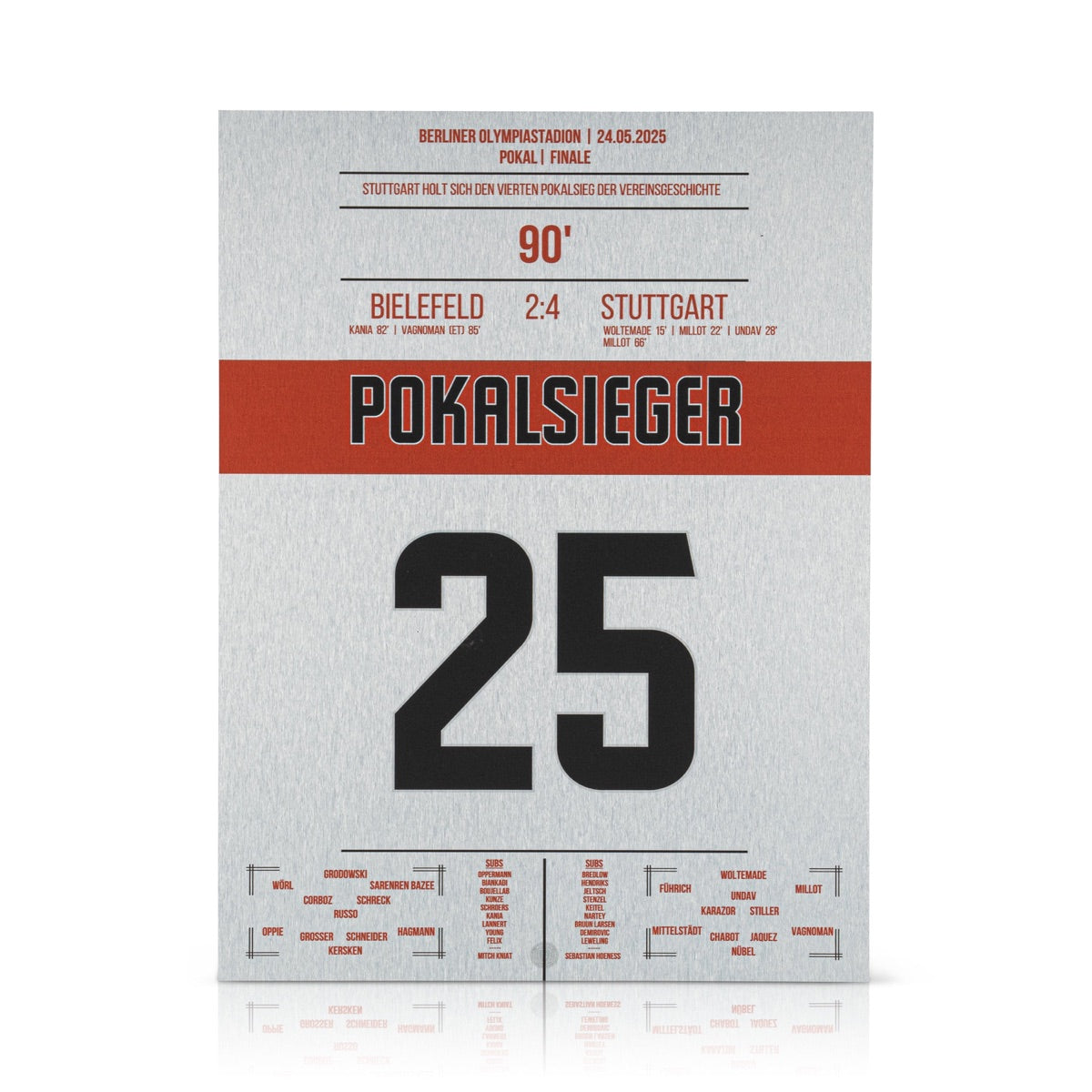 Metal print head-on, the brushed surface catching the light